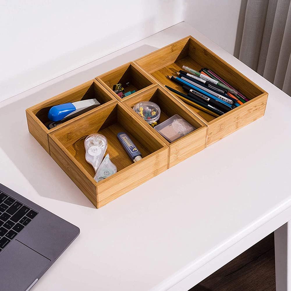5 Bamboo Drawer Organizer Boxes, Desk Storage Box Kit
