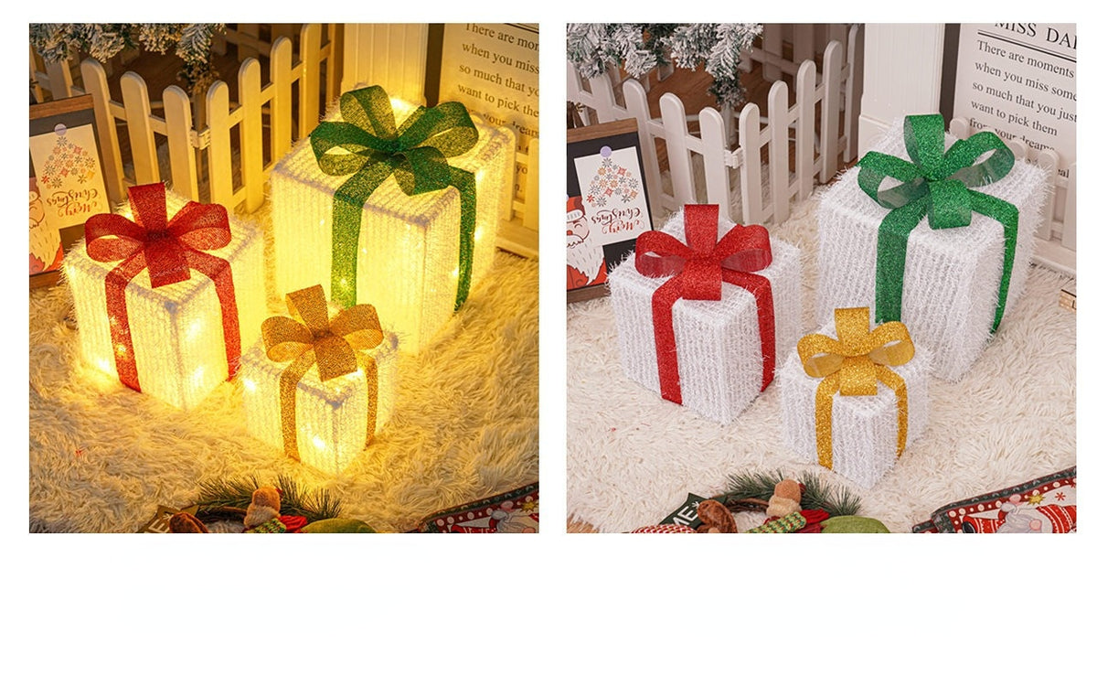 🔥Christmas Sale🎁3pc Festive Christmas Ornaments Set with Gift Box - 8 Modes, Remote Control, Warm Light LED, Ribbon Accents, DIY Assembly
