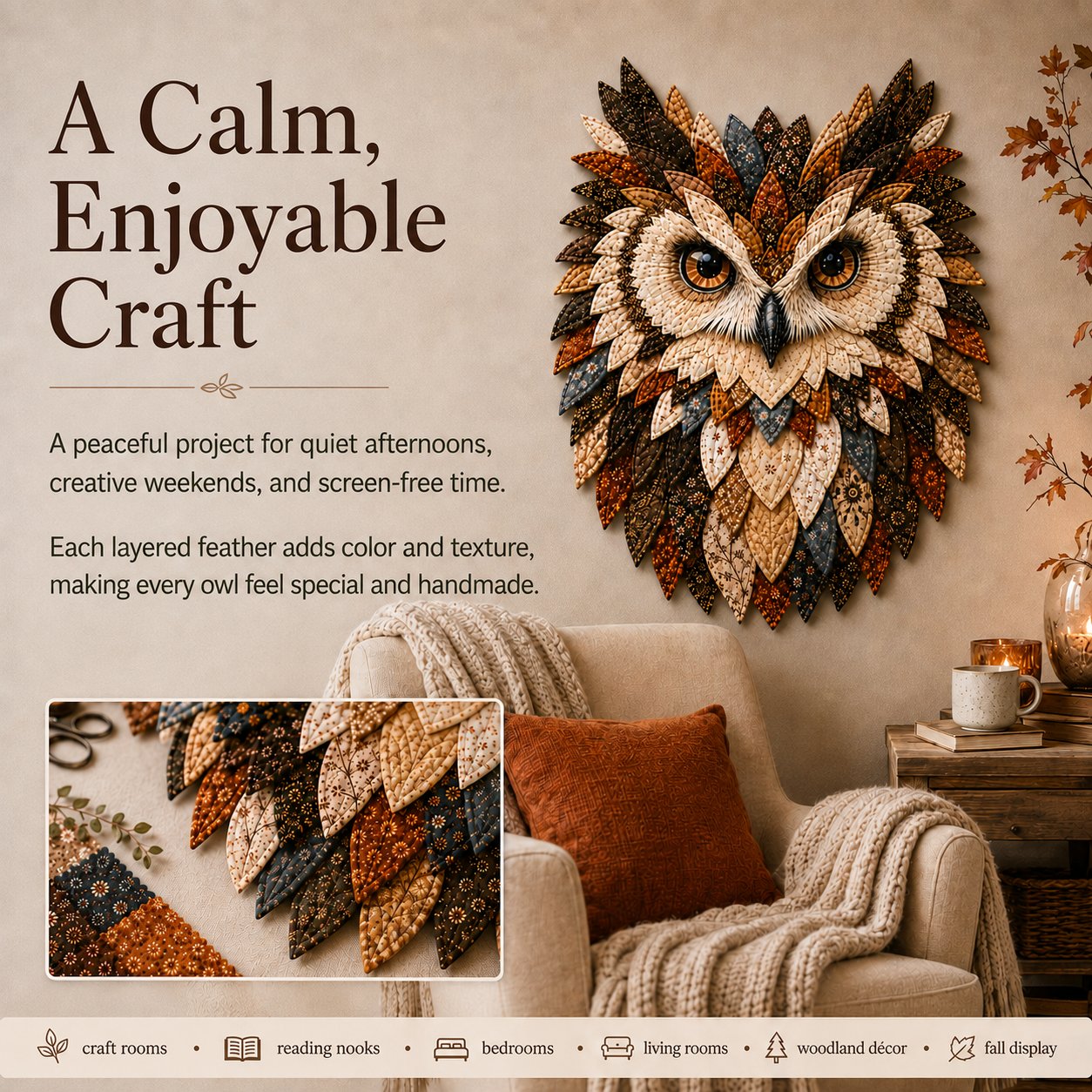🦉 Layered Fabric Owl Wall Art DIY Kit – Relaxing Craft, Beautiful Results