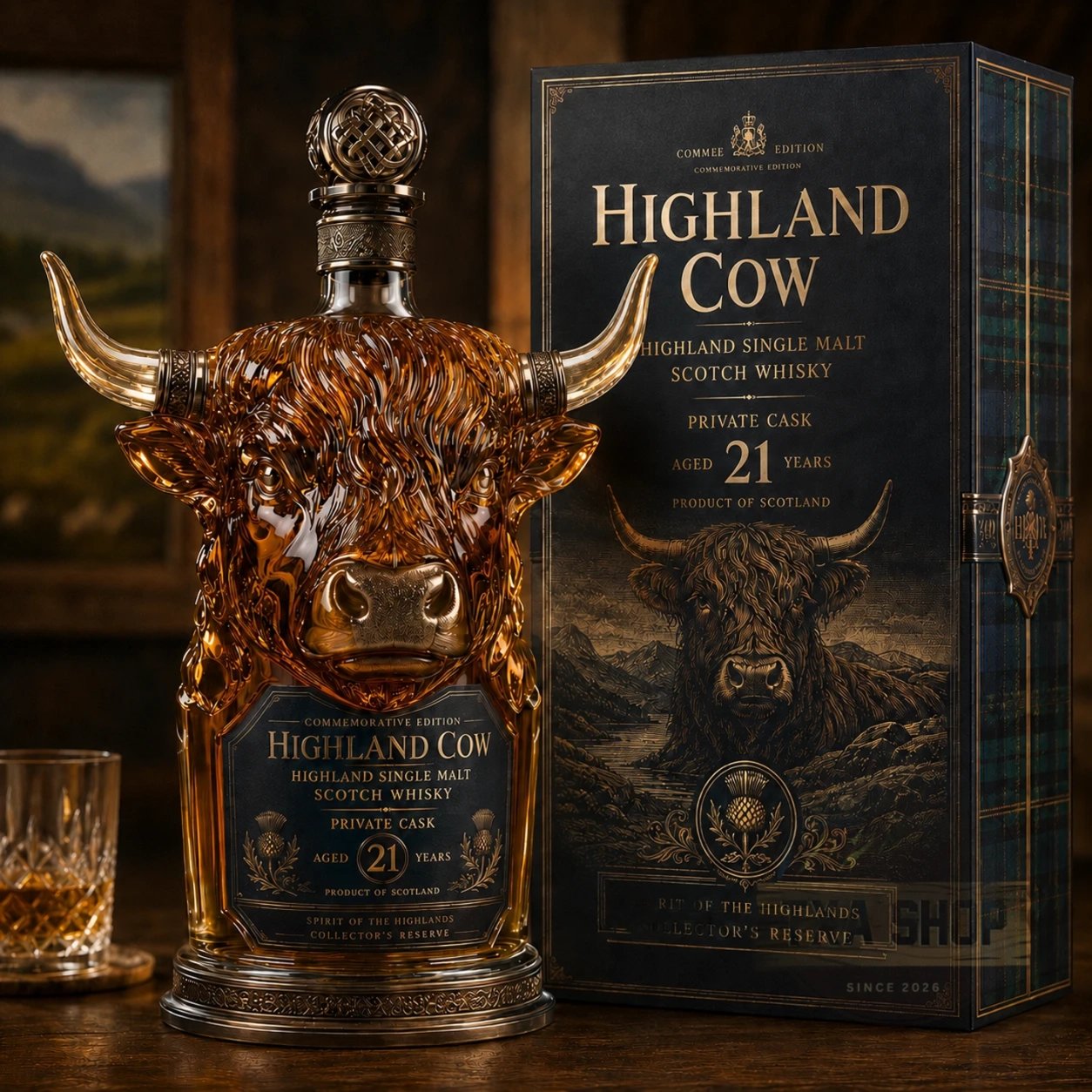 🐮Highland Cow Private Cask 21 Years Cow Head Shaped Scotch Whisky Bottle