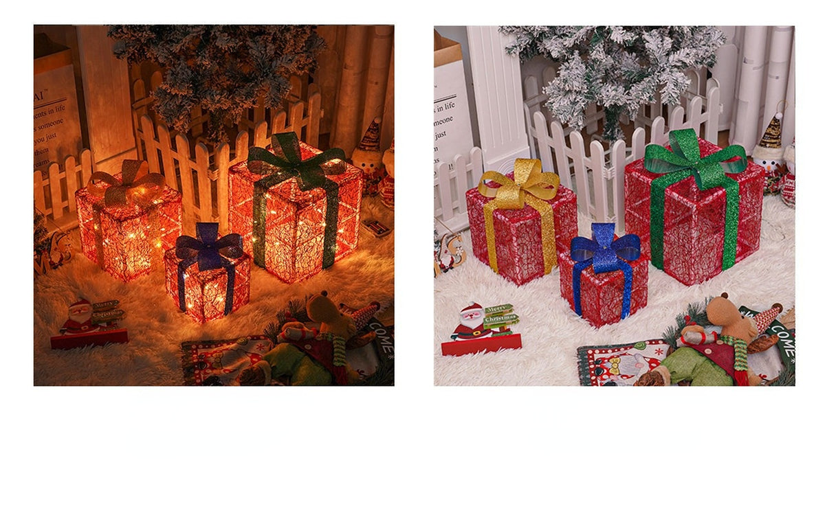 🔥Christmas Sale🎁3pc Festive Christmas Ornaments Set with Gift Box - 8 Modes, Remote Control, Warm Light LED, Ribbon Accents, DIY Assembly