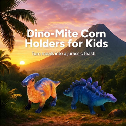 Dinosaur Corn Holders for Corn On The Cob - Funny Corn Cob Holder for Kids and Adults with Stainless Steel Prongs (Blue/Orange)