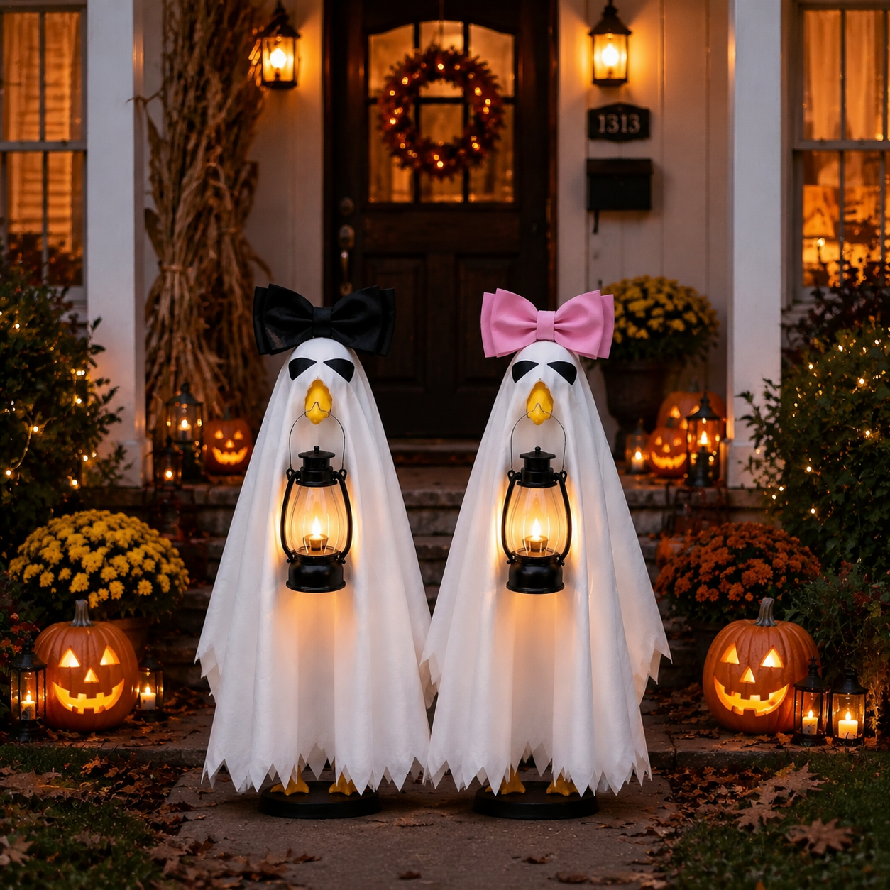 👻 Lantern Ghost Goose Outfit™ – Halloween Porch Goose Costume With Pumpkin Lantern For 23" Lawn Goose
