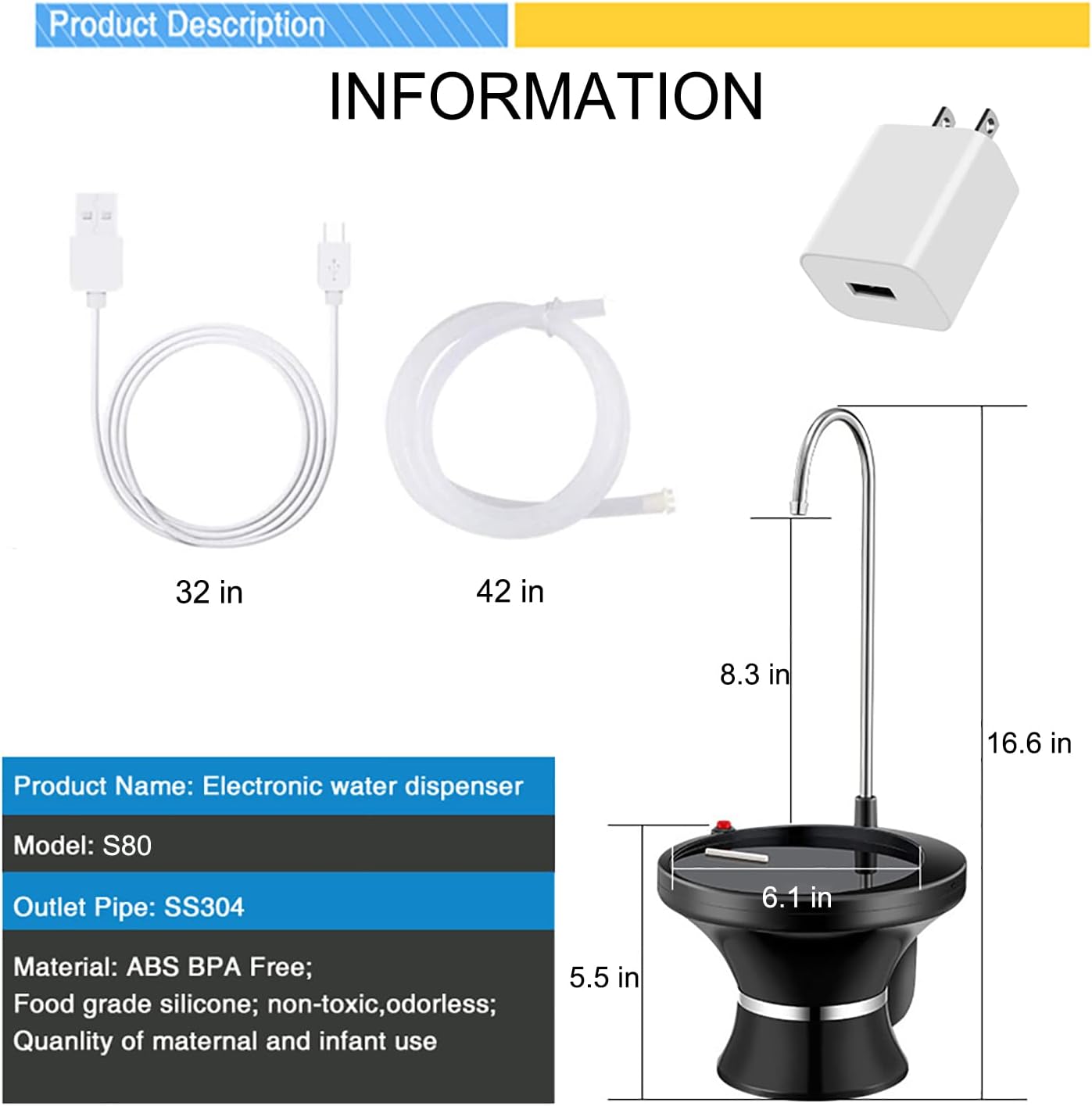 USB Electric Water Dispenser Pump for 5-Gallon Bottles, Portable Auto-Flow