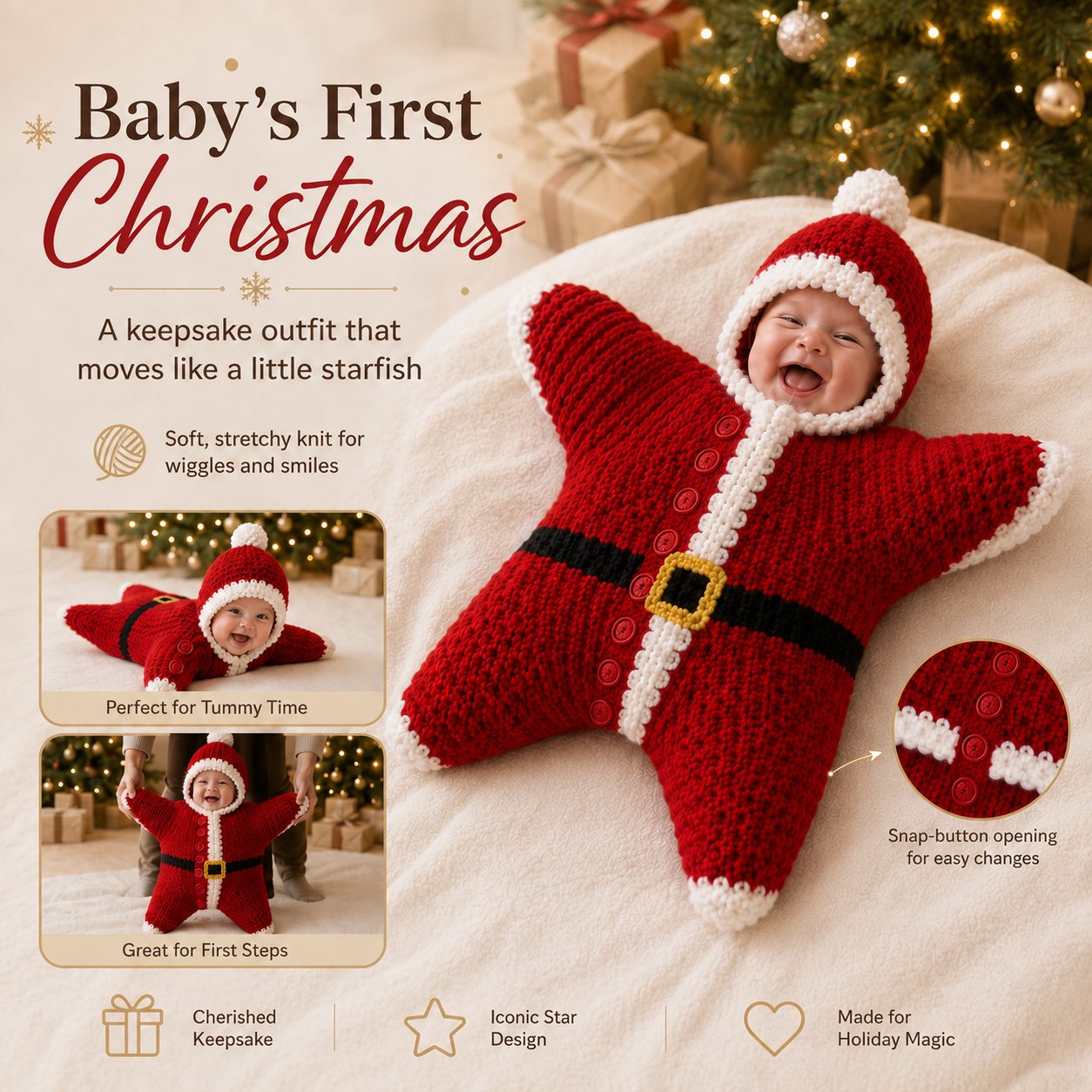 🎅 Baby’s First Christmas Keepsake Star Outfit | One Size Fits Most Babies, Soft Knitted Santa Cocoon with Front Button Opening for Holiday Photos ✨