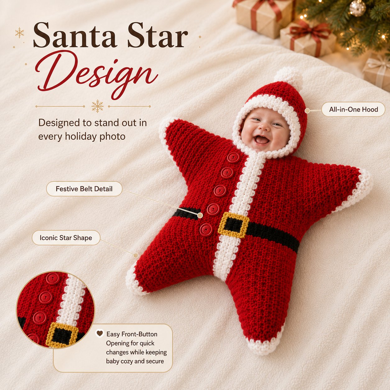 🎅 Baby’s First Christmas Keepsake Star Outfit | One Size Fits Most Babies, Soft Knitted Santa Cocoon with Front Button Opening for Holiday Photos ✨