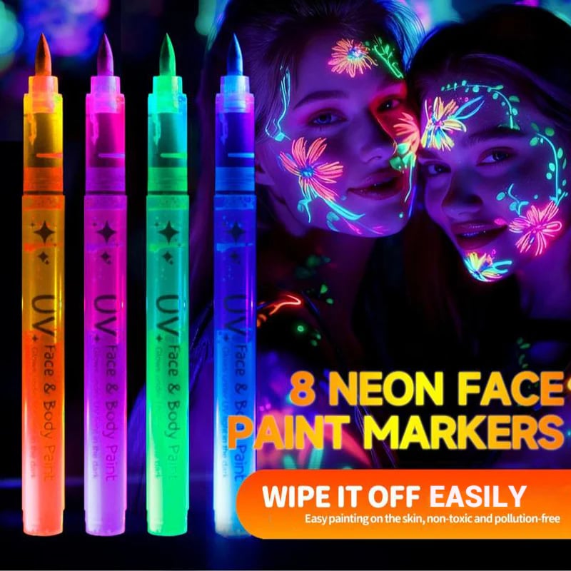 🌈UV Glow Face Paint Markers — 8-Piece Neon Set for Blacklight Parties