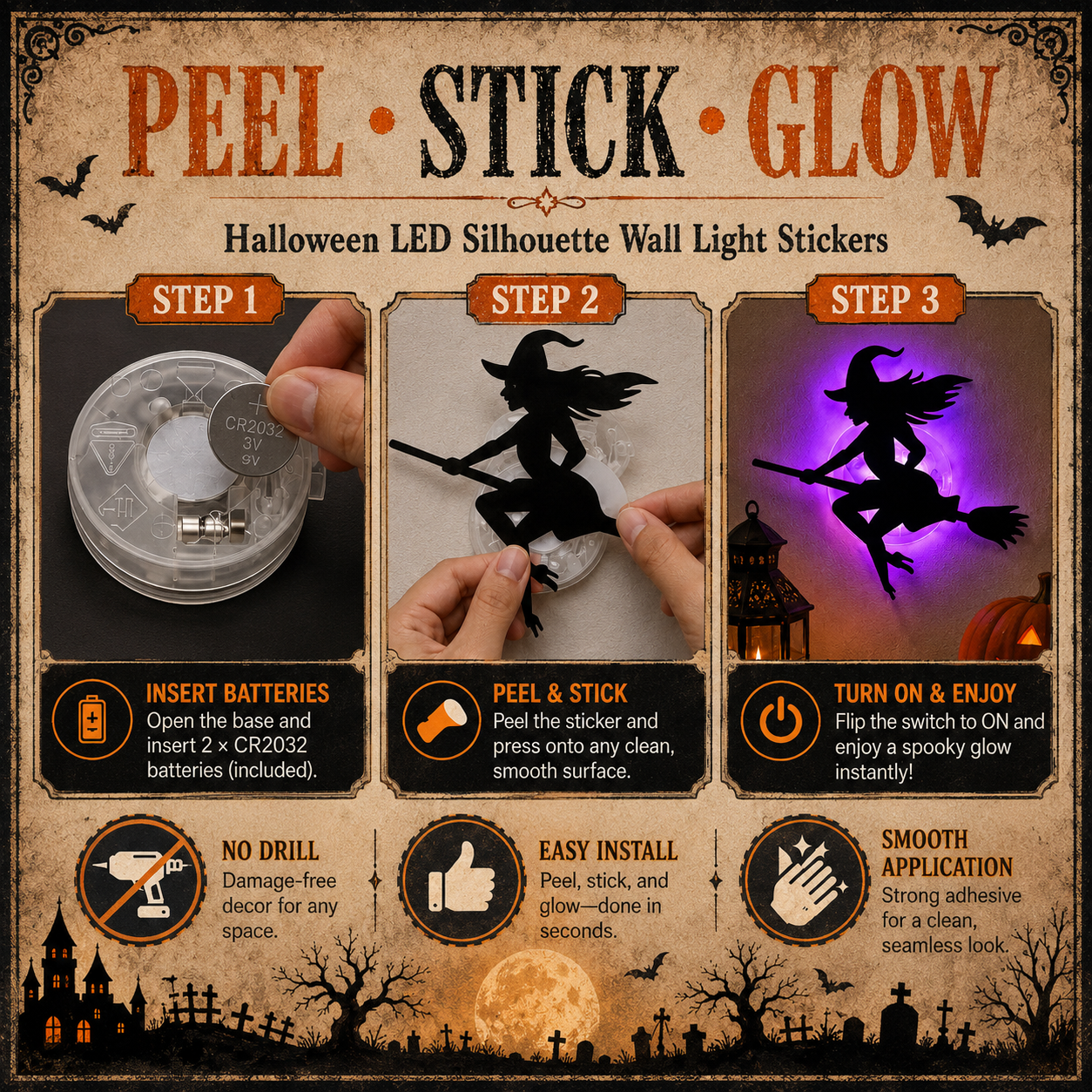 Halloween LED Silhouette Wall Stickers Battery Powered