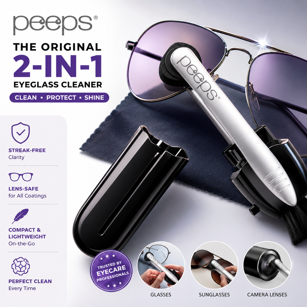 Eye Doctors Agree: The Way Most People Clean Their Glasses Is Slowly Ruining Them.  Meet Peeps® — The Lens Cleaner Trusted By Over 7 Million People.