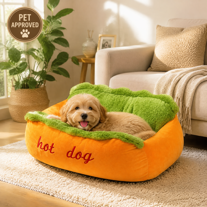 Hot Dog Plush Pet Bed – Ultra-Soft Calming Bed for Dogs & Cats