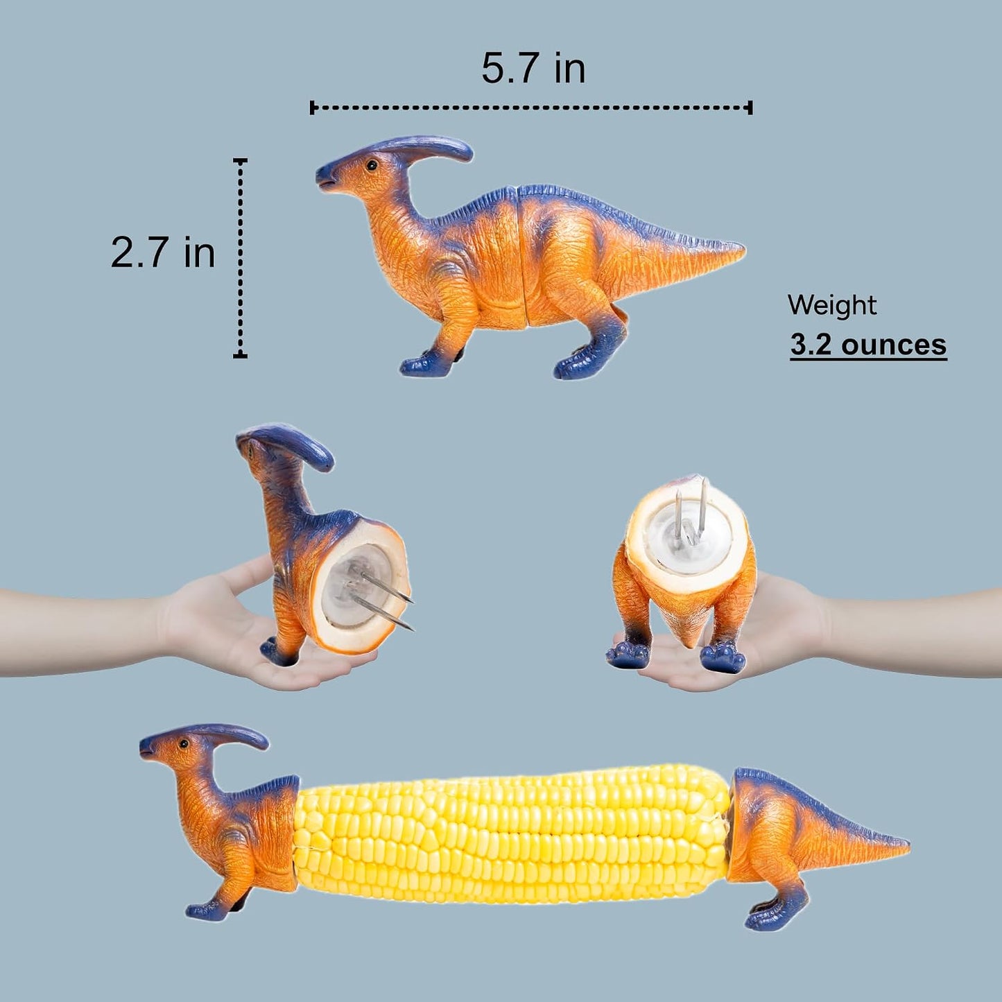 Dinosaur Corn Holders for Corn On The Cob - Funny Corn Cob Holder for Kids and Adults with Stainless Steel Prongs (Blue/Orange)