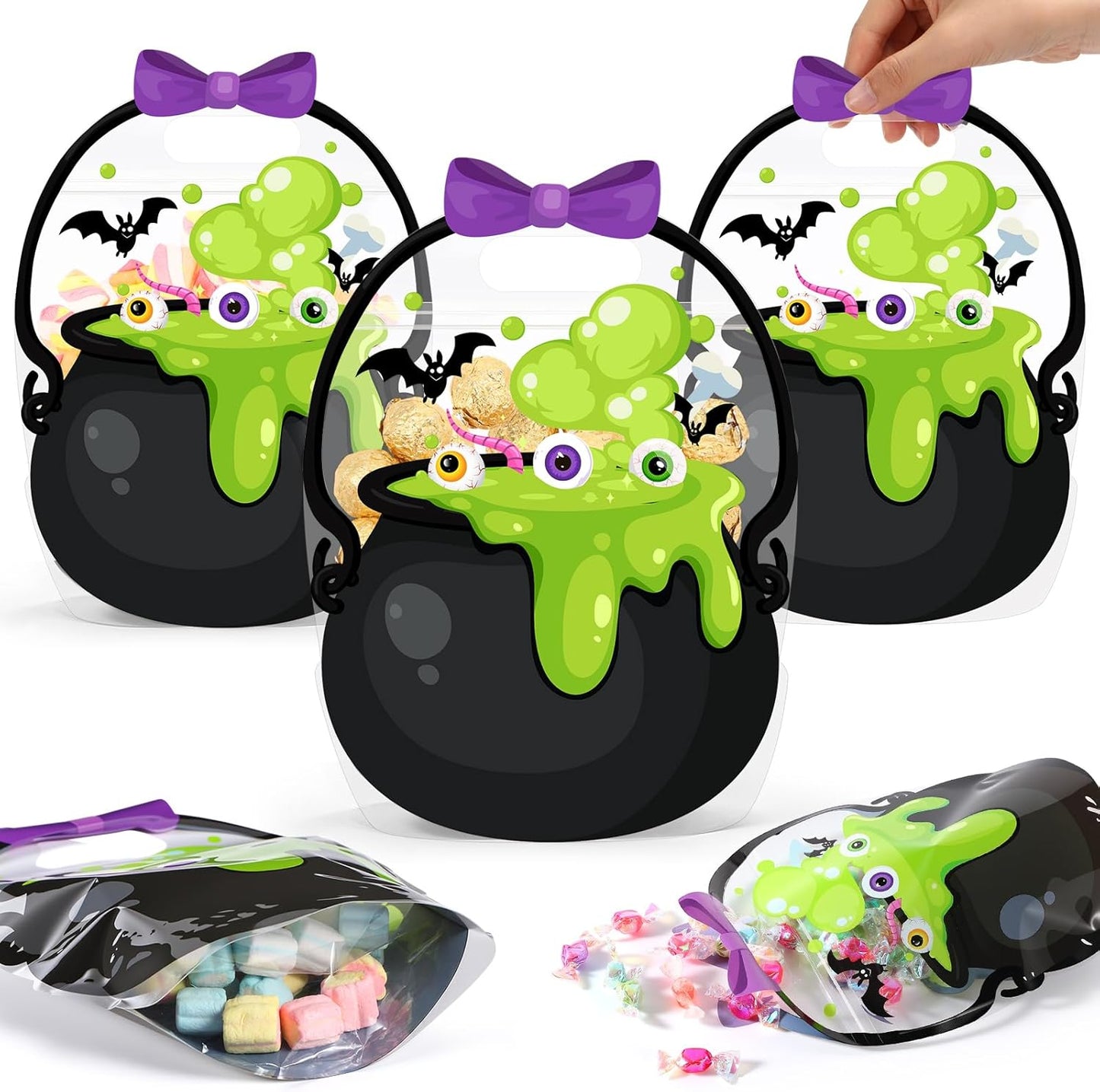 Fuutreo 50 Pcs Halloween Bags Plastic Pumpkin Clear Sealed Pouches with Handles Resealable Scary Holiday Favor Gift Bags for Halloween Holiday Party Candy Gift Wrapping Supplies Decoration(Pumpkin)