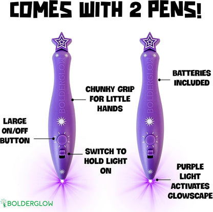 Bolderglow Glowscape - Light Reactive Drawing Surface 36 x 24 inches Super Bright Glow Effect with 2 Included Purple-Light LED Pens