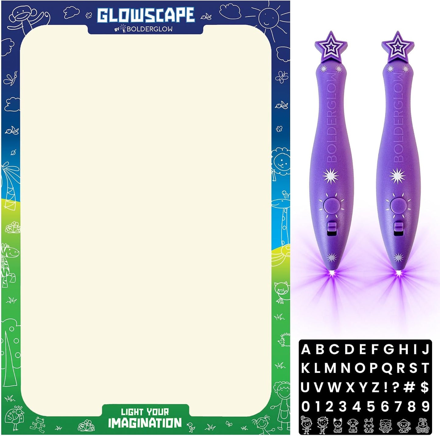 Bolderglow Glowscape - Light Reactive Drawing Surface 36 x 24 inches Super Bright Glow Effect with 2 Included Purple-Light LED Pens