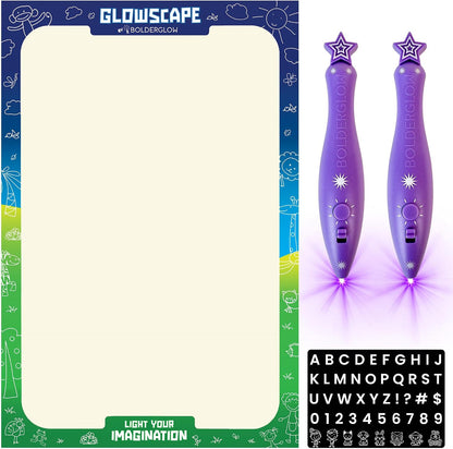 Bolderglow Glowscape - Light Reactive Drawing Surface 36 x 24 inches Super Bright Glow Effect with 2 Included Purple-Light LED Pens