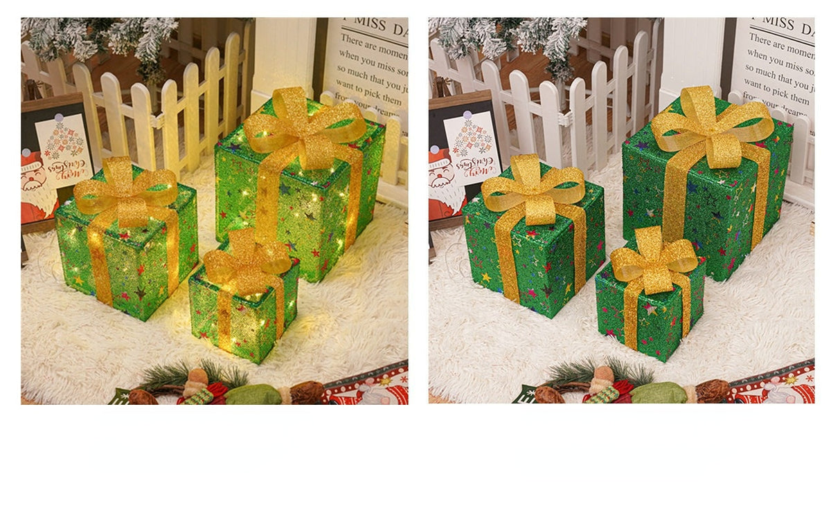 🔥Christmas Sale🎁3pc Festive Christmas Ornaments Set with Gift Box - 8 Modes, Remote Control, Warm Light LED, Ribbon Accents, DIY Assembly