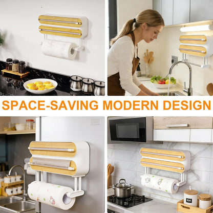 3-in-1 Wooden Kitchen Wrap Organizer – Built-in Cutter for Foil, Plastic Wrap & Wax Paper. Tear Smoothly, Store Neatly.