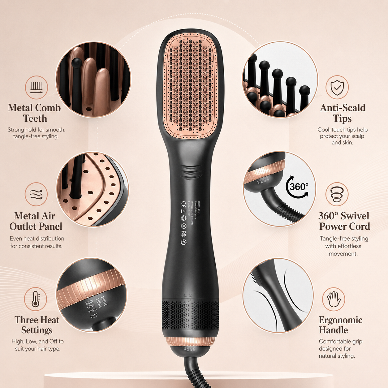 One-Step Hair Dryer and Styling Brush for Smooth Straight Hair