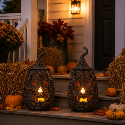 🎃Rustic Wicker Pumpkin Candle Holder - Handwoven Jack-O’-Lantern Halloween Porch Decor