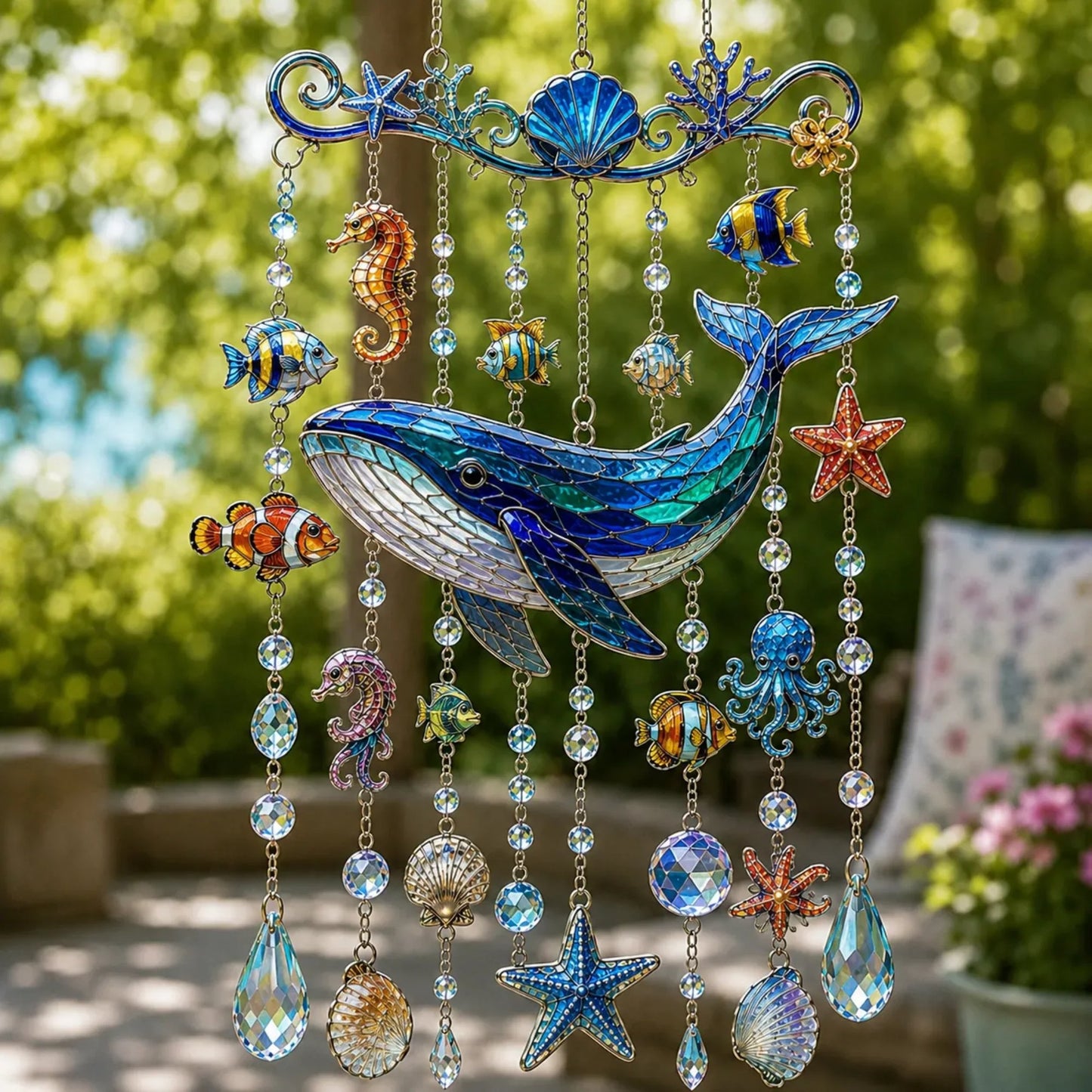 🐋🐢🐬Ocean-Themed Crystal Wind Chime – 🌊Bring the Ocean Glow to Your Garden