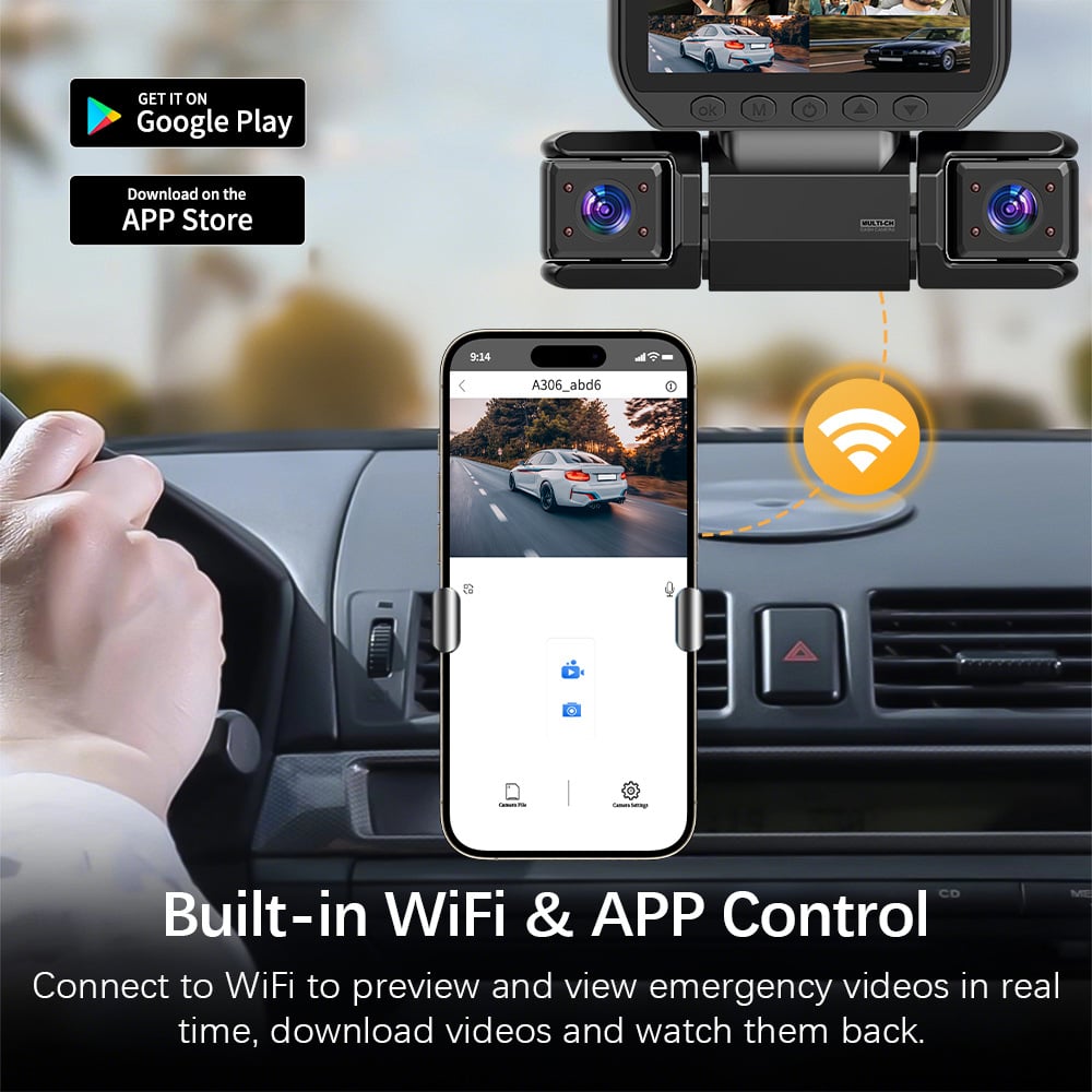 4-Channel Dash Cam Built-in WiFi, Full HD Dual Dash Camera for Cars Front
