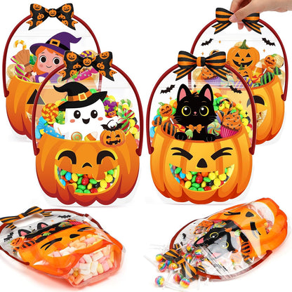 Fuutreo 50 Pcs Halloween Bags Plastic Pumpkin Clear Sealed Pouches with Handles Resealable Scary Holiday Favor Gift Bags for Halloween Holiday Party Candy Gift Wrapping Supplies Decoration(Pumpkin)