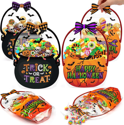 Fuutreo 50 Pcs Halloween Bags Plastic Pumpkin Clear Sealed Pouches with Handles Resealable Scary Holiday Favor Gift Bags for Halloween Holiday Party Candy Gift Wrapping Supplies Decoration(Pumpkin)