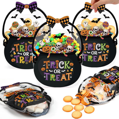 Fuutreo 50 Pcs Halloween Bags Plastic Pumpkin Clear Sealed Pouches with Handles Resealable Scary Holiday Favor Gift Bags for Halloween Holiday Party Candy Gift Wrapping Supplies Decoration(Pumpkin)