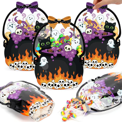 Fuutreo 50 Pcs Halloween Bags Plastic Pumpkin Clear Sealed Pouches with Handles Resealable Scary Holiday Favor Gift Bags for Halloween Holiday Party Candy Gift Wrapping Supplies Decoration(Pumpkin)