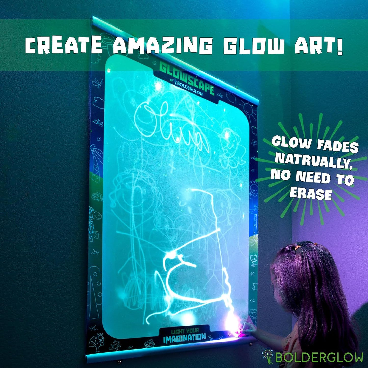 Bolderglow Glowscape - Light Reactive Drawing Surface 36 x 24 inches Super Bright Glow Effect with 2 Included Purple-Light LED Pens