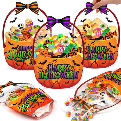 Fuutreo 50 Pcs Halloween Bags Plastic Pumpkin Clear Sealed Pouches with Handles Resealable Scary Holiday Favor Gift Bags for Halloween Holiday Party Candy Gift Wrapping Supplies Decoration(Pumpkin)