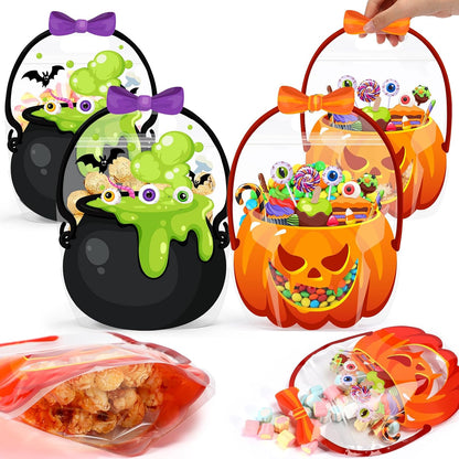 Fuutreo 50 Pcs Halloween Bags Plastic Pumpkin Clear Sealed Pouches with Handles Resealable Scary Holiday Favor Gift Bags for Halloween Holiday Party Candy Gift Wrapping Supplies Decoration(Pumpkin)
