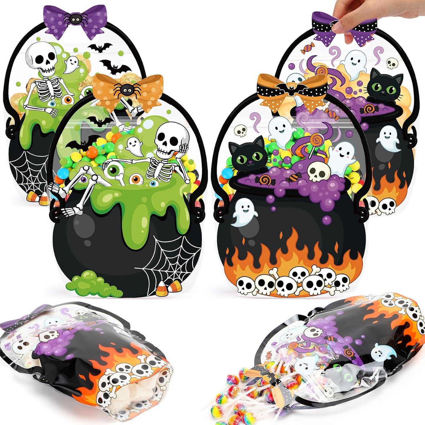 Fuutreo 50 Pcs Halloween Bags Plastic Pumpkin Clear Sealed Pouches with Handles Resealable Scary Holiday Favor Gift Bags for Halloween Holiday Party Candy Gift Wrapping Supplies Decoration(Pumpkin)