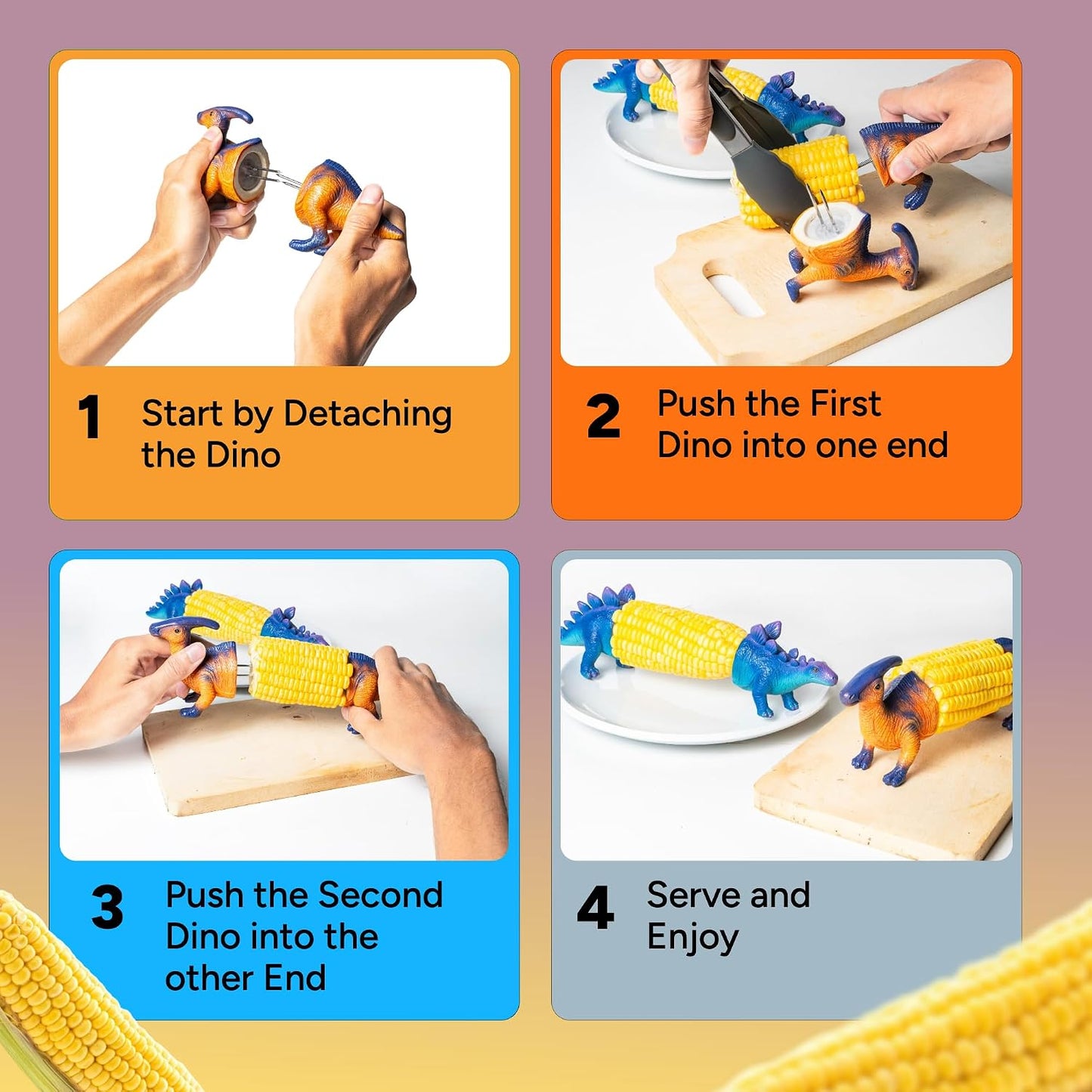 Dinosaur Corn Holders for Corn On The Cob - Funny Corn Cob Holder for Kids and Adults with Stainless Steel Prongs (Blue/Orange)