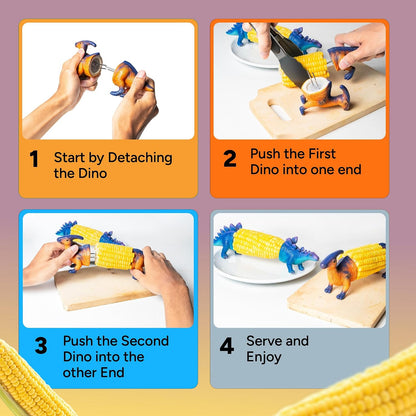 Dinosaur Corn Holders for Corn On The Cob - Funny Corn Cob Holder for Kids and Adults with Stainless Steel Prongs (Blue/Orange)
