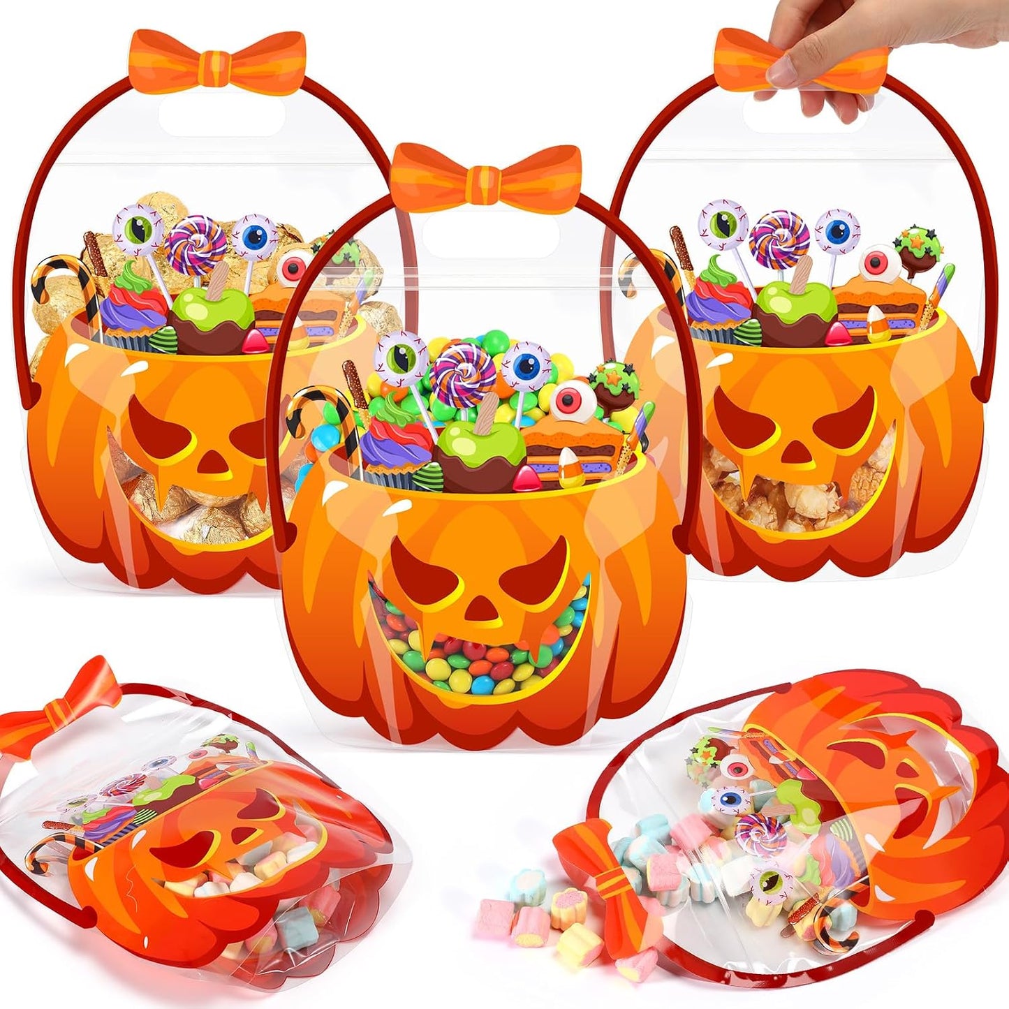 Fuutreo 50 Pcs Halloween Bags Plastic Pumpkin Clear Sealed Pouches with Handles Resealable Scary Holiday Favor Gift Bags for Halloween Holiday Party Candy Gift Wrapping Supplies Decoration(Pumpkin)