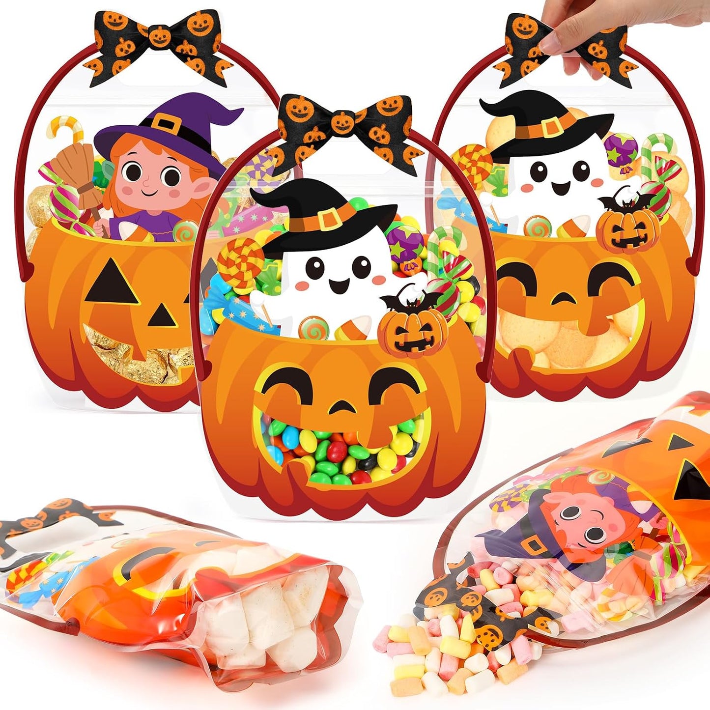 Fuutreo 50 Pcs Halloween Bags Plastic Pumpkin Clear Sealed Pouches with Handles Resealable Scary Holiday Favor Gift Bags for Halloween Holiday Party Candy Gift Wrapping Supplies Decoration(Pumpkin)