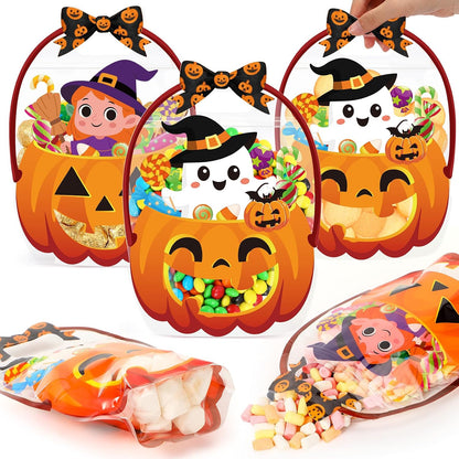 Fuutreo 50 Pcs Halloween Bags Plastic Pumpkin Clear Sealed Pouches with Handles Resealable Scary Holiday Favor Gift Bags for Halloween Holiday Party Candy Gift Wrapping Supplies Decoration(Pumpkin)