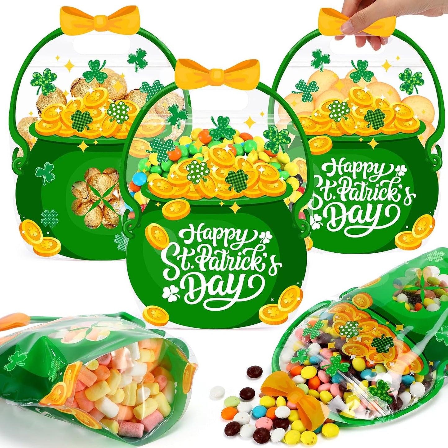 Fuutreo 50 Pcs Halloween Bags Plastic Pumpkin Clear Sealed Pouches with Handles Resealable Scary Holiday Favor Gift Bags for Halloween Holiday Party Candy Gift Wrapping Supplies Decoration(Pumpkin)