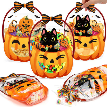 Fuutreo 50 Pcs Halloween Bags Plastic Pumpkin Clear Sealed Pouches with Handles Resealable Scary Holiday Favor Gift Bags for Halloween Holiday Party Candy Gift Wrapping Supplies Decoration(Pumpkin)