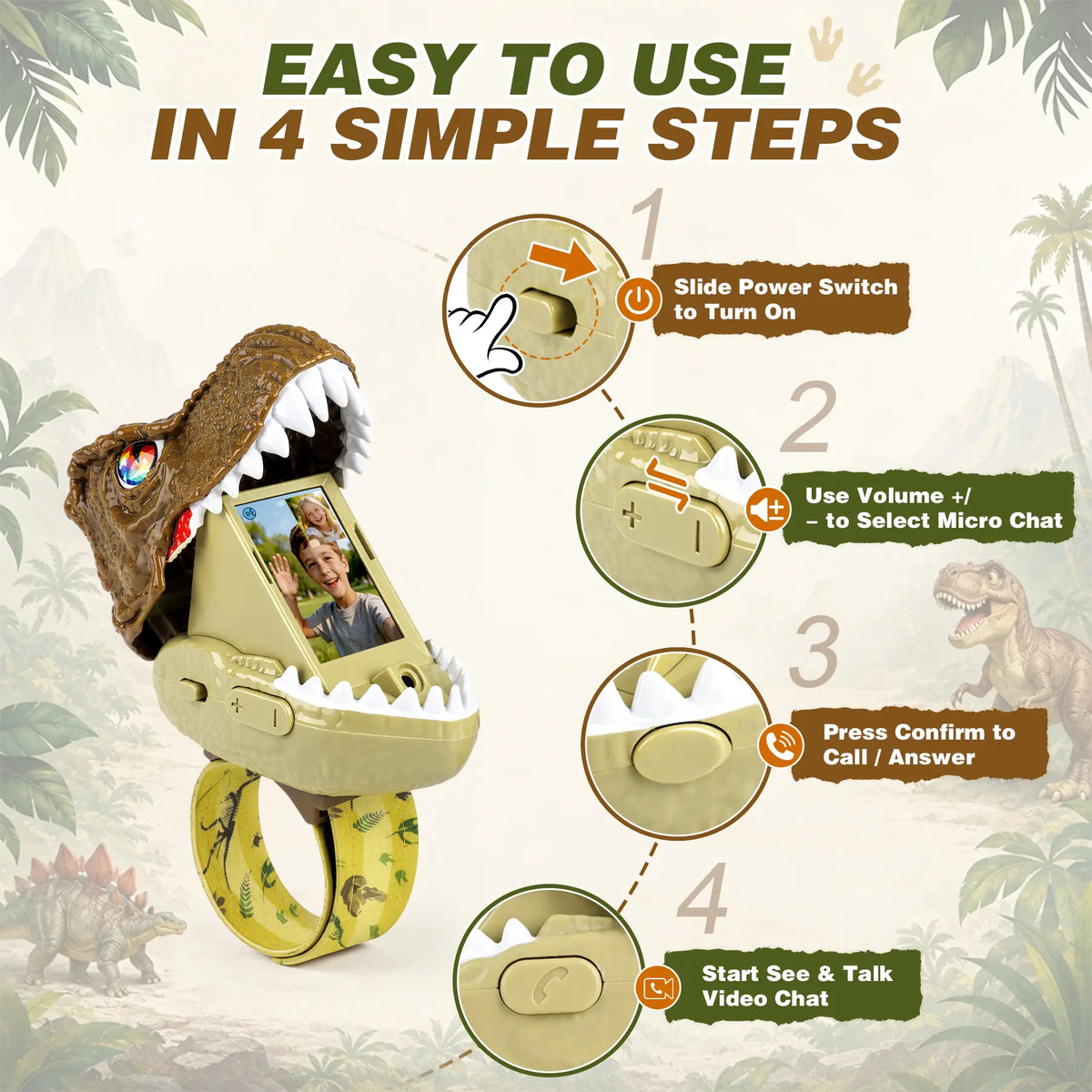 Kids Video Walkie-Talkies 2-Pack, Dinosaur Wrist Two-Way Video Chat Toy