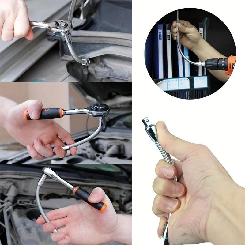 Flexible Socket Extension Bar Set – Bendable Ratchet Wrench Extensions for Tight Spaces, CR-V Steel Automotive Repair Tool Kit