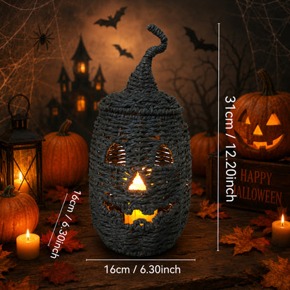 🎃Rustic Wicker Pumpkin Candle Holder - Handwoven Jack-O’-Lantern Halloween Porch Decor