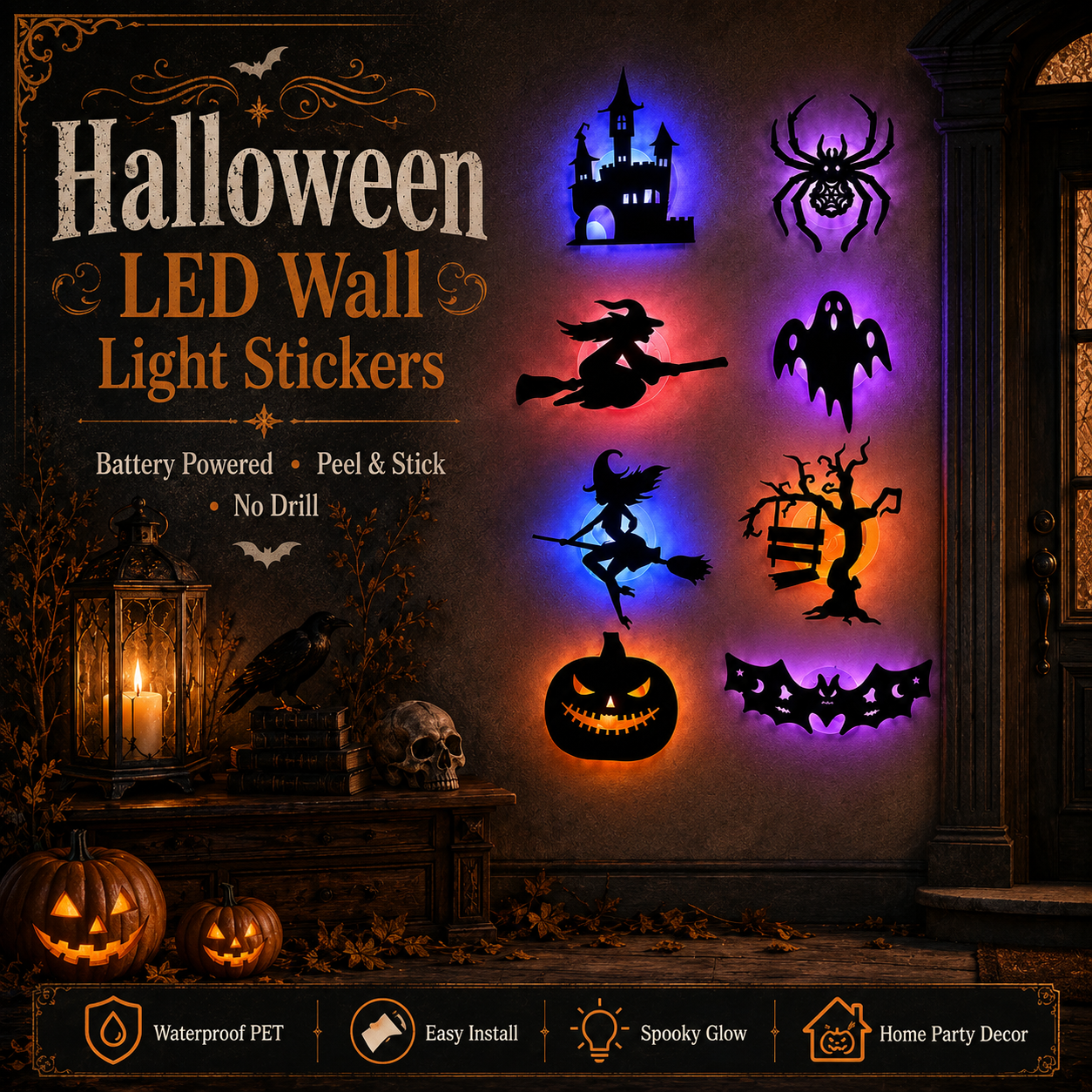Halloween LED Silhouette Wall Stickers Battery Powered