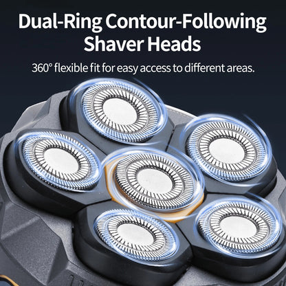 Cordless Electric Head Shaver, 6 Dual-Track Rotary Blades, Waterproof Wet & Dry Use