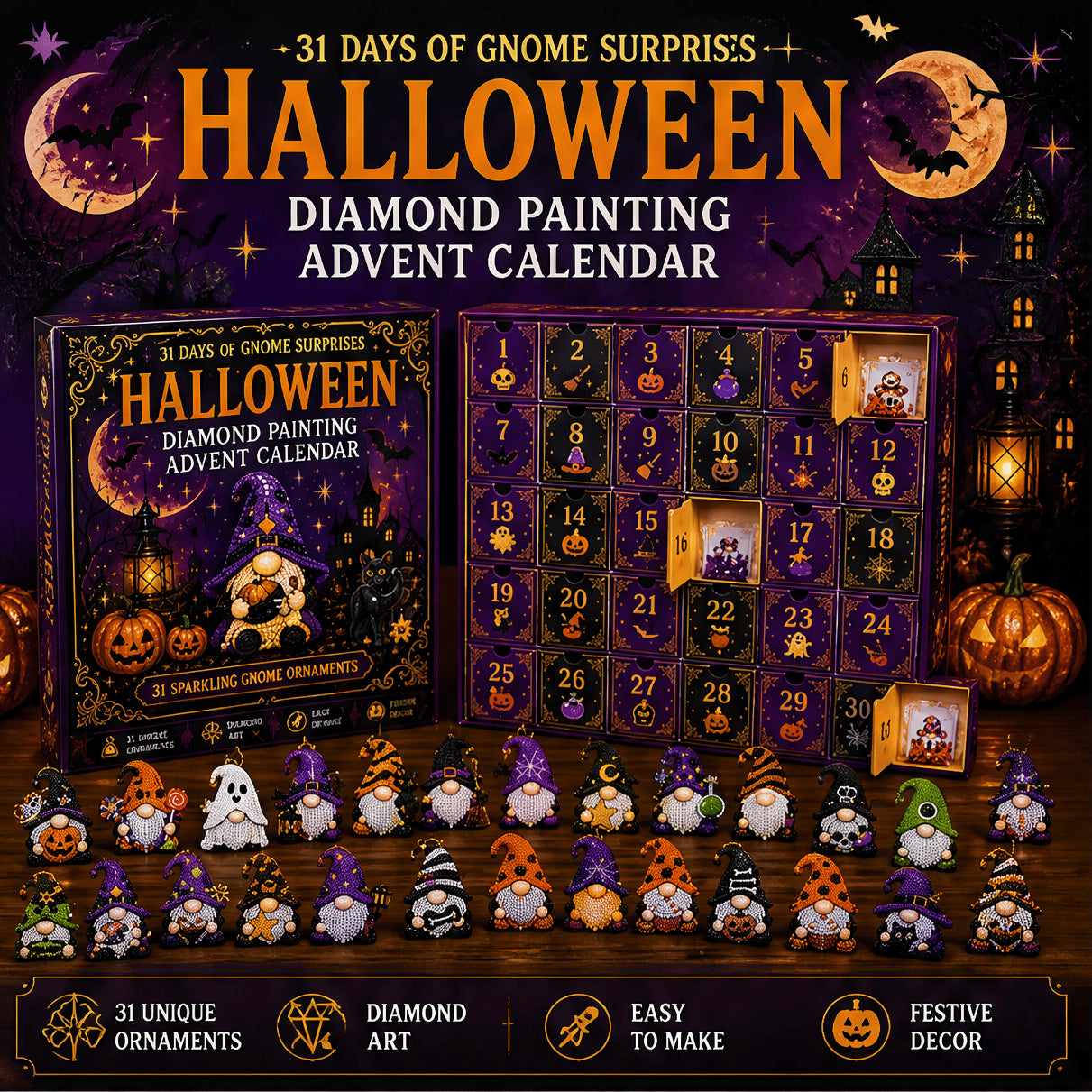 🔥HOT SALE🎃✨ 31 Days of Gnome Surprises Halloween Diamond Painting Advent Calendar