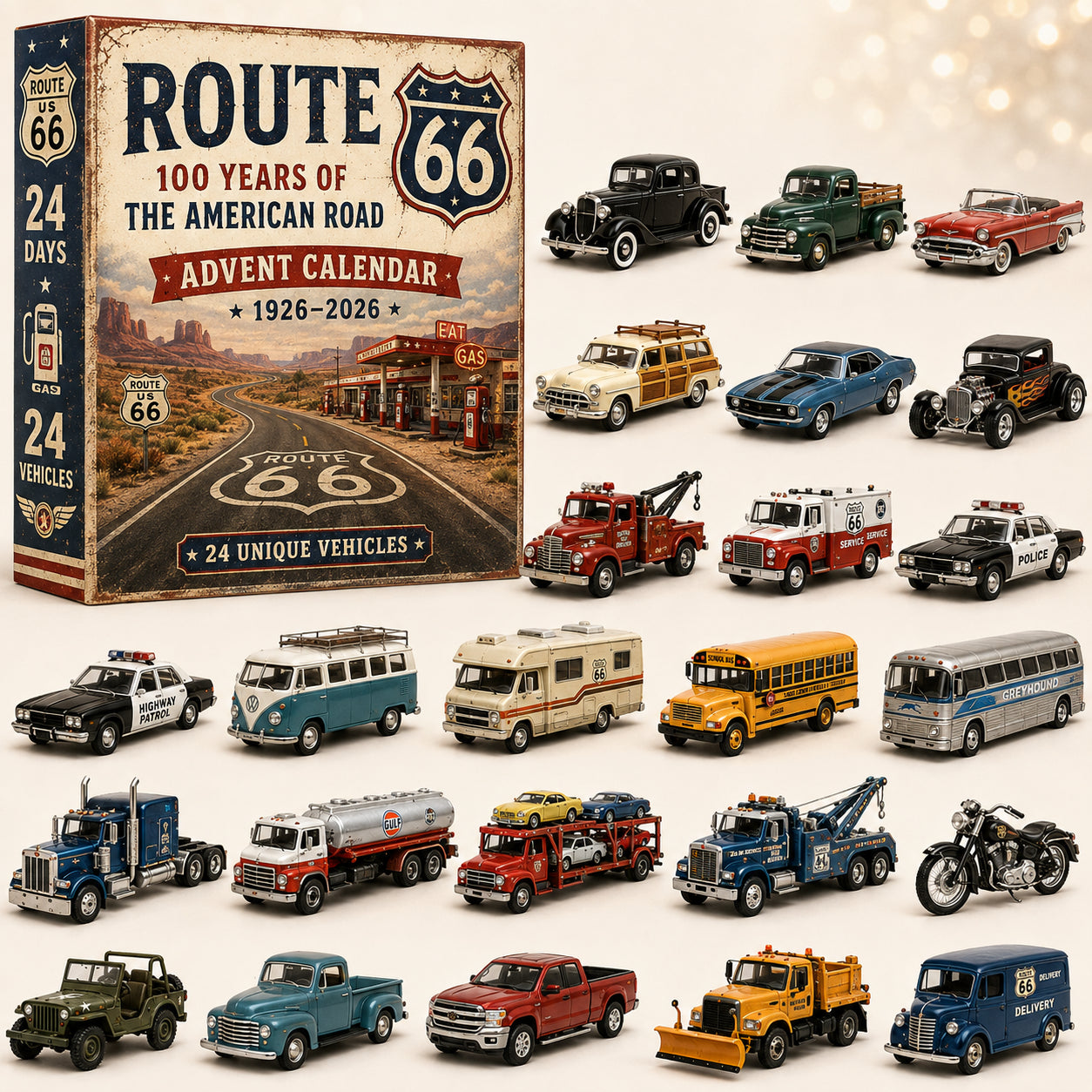 🚗Route 66 Centennial Advent Calendar – 24 Days of American Road Legends | 1926–2026 Collector’s Edition