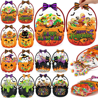 Fuutreo 50 Pcs Halloween Bags Plastic Pumpkin Clear Sealed Pouches with Handles Resealable Scary Holiday Favor Gift Bags for Halloween Holiday Party Candy Gift Wrapping Supplies Decoration(Pumpkin)