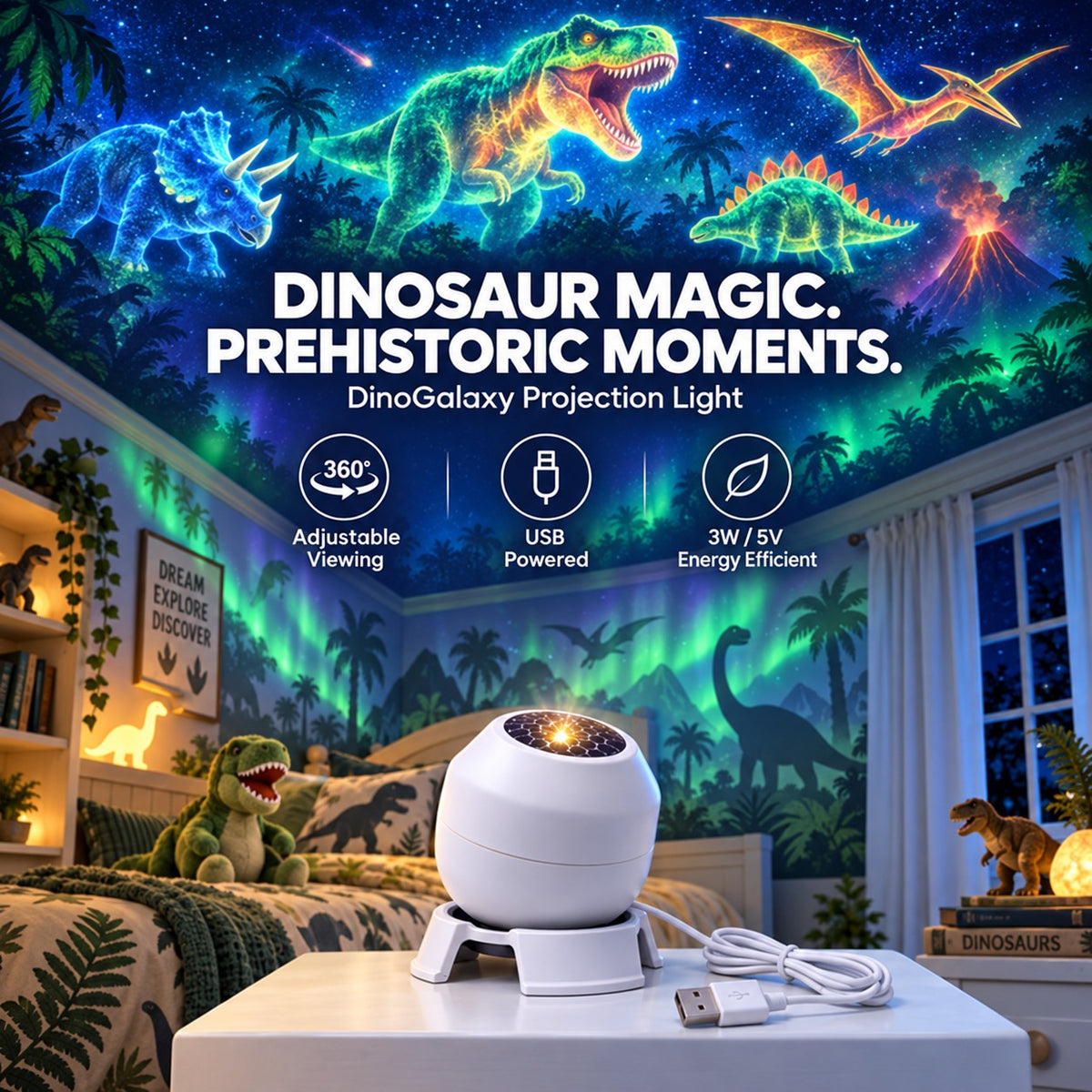 🦕✨Dinosaur Projector Light – 360° Rotating Prehistoric Adventure Night Light