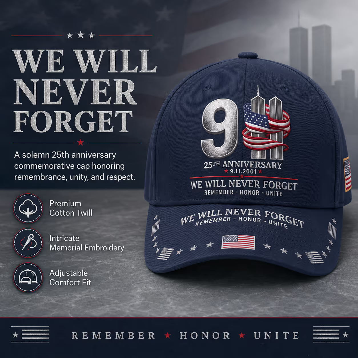 9/11 25th Anniversary We Will Never Forget Embroidered Memorial Baseball Cap – Unisex Patriotic Memorial Hat🧢 100% Cotton